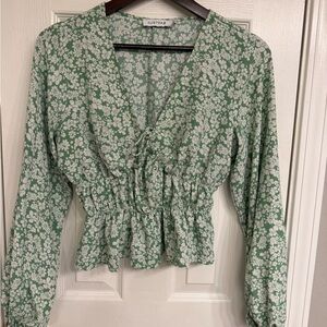 JustFab White Floral Blouse in Green